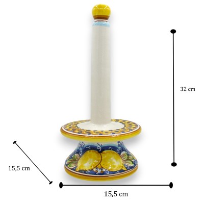 Porta rotolo da cucina in ceramica Caltagirone, h 30 e Ø 16 cm ca. decoro treccia e Limoni su fondo blu - 
