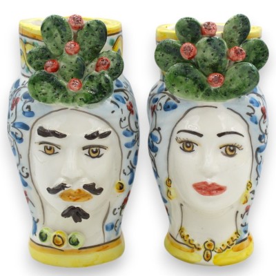 Cabezas de moro siciliano (par) aprox. 18 cm de alto. Cerámica de Caltagirone, turbante, corona y friso de tuna - 