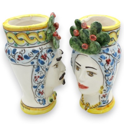 Cabezas de moro siciliano (par) aprox. 18 cm de alto. Cerámica de Caltagirone, turbante, corona y friso de tuna - 