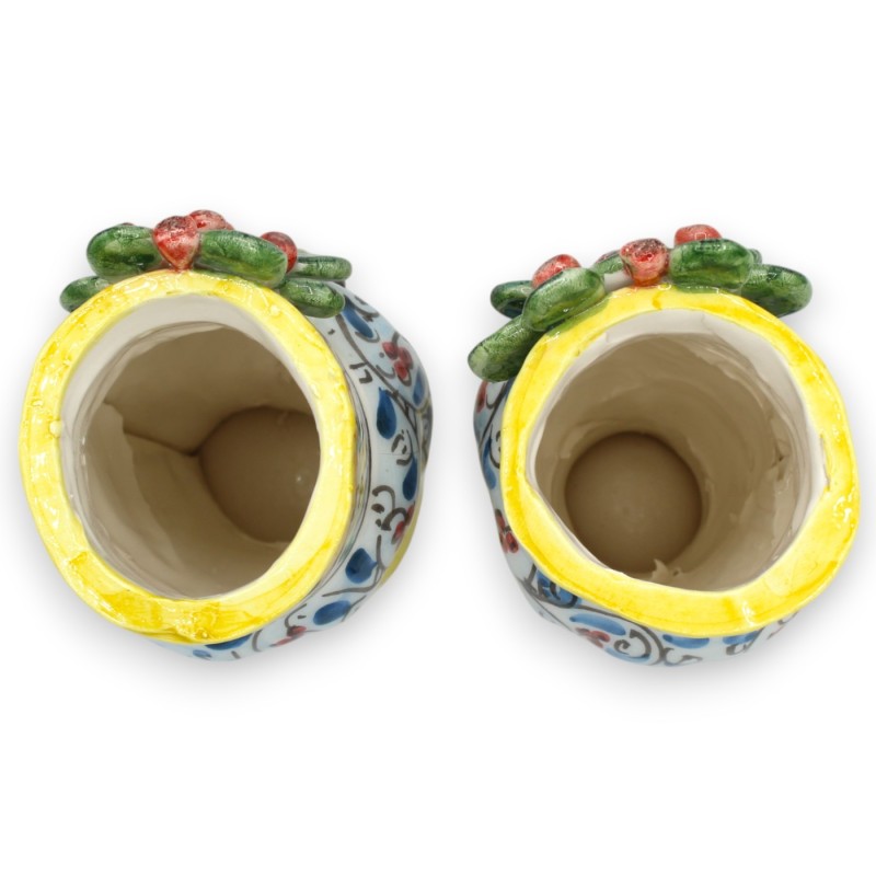 Cabezas de moro siciliano (par) aprox. 18 cm de alto. Cerámica de Caltagirone, turbante, corona y friso de tuna - 
