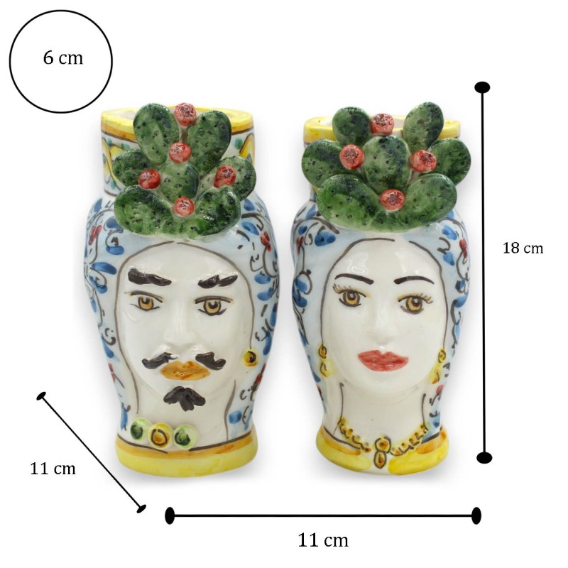 Cabezas de moro siciliano (par) aprox. 18 cm de alto. Cerámica de Caltagirone, turbante, corona y friso de tuna - 