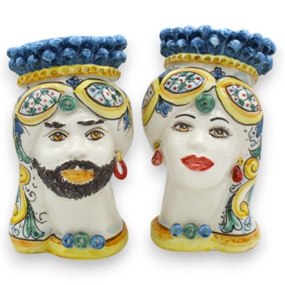 Teste di moro Siciliane (coppia) h 22 cm ca. ceramica Caltagirone, Turbante, Corona Pigna Blu Antico - 