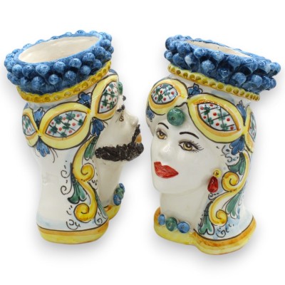 Cabezas de moro siciliano (par) aprox. 22 cm de alto. Cerámica de Caltagirone, turbante, corona de piña azul antigua - 