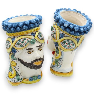 Cabezas de moro siciliano (par) aprox. 22 cm de alto. Cerámica de Caltagirone, turbante, corona de piña azul antigua - 