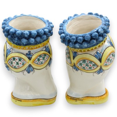Teste di moro Siciliane (coppia) h 22 cm ca. ceramica Caltagirone, Turbante, Corona Pigna Blu Antico - 
