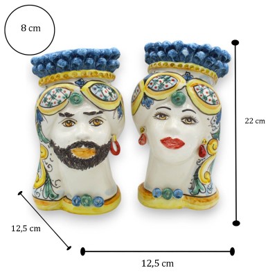 Cabezas de moro siciliano (par) aprox. 22 cm de alto. Cerámica de Caltagirone, turbante, corona de piña azul antigua - 