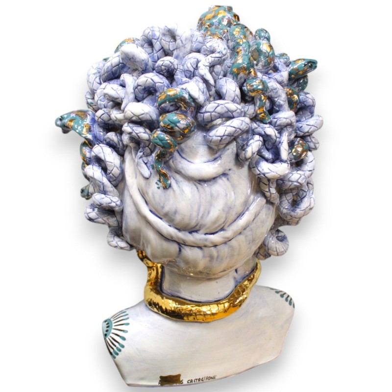 Hoofd van Medusa, mythologische figuur, keramiek uit Caltagirone, hoogte ca. 55 cm. Antiekblauw, 24k puur gouden emaille