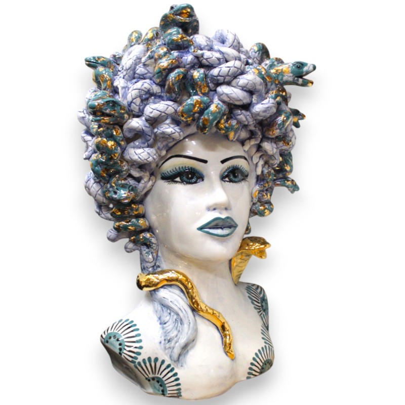 Cabeza de Medusa, figura mitológica, cerámica de Caltagirone h 55 cm aprox. Azul antiguo, detalles de esmalte de oro pur