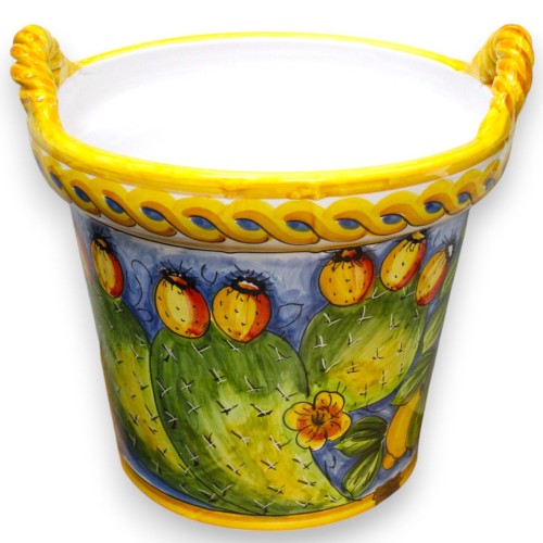 Jarrón Cesta con asas de cuerda, fina cerámica siciliana, aprox. alto 35 x Ø 37 cm. Decoración de limón y tuna, fondo az