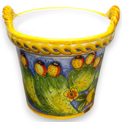 Cesta vase with Corda handles, fine Sicilian ceramic, h 35 x Ø 37 cm approx. lemon and prickly pear decoration, blue bac