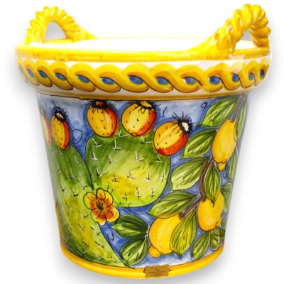 Jarrón Cesta con asas de cuerda, fina cerámica siciliana, aprox. alto 35 x Ø 37 cm. Decoración de limón y tuna, fondo az