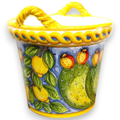 Cesta vase with Corda handles, fine Sicilian ceramic, h 35 x Ø 37 cm approx. lemon and prickly pear decoration, blue bac