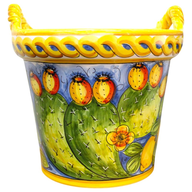 Jarrón Cesta con asas de cuerda, fina cerámica siciliana, aprox. alto 35 x Ø 37 cm. Decoración de limón y tuna, fondo az
