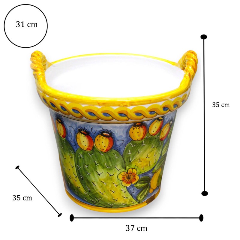 Jarrón Cesta con asas de cuerda, fina cerámica siciliana, aprox. alto 35 x Ø 37 cm. Decoración de limón y tuna, fondo az