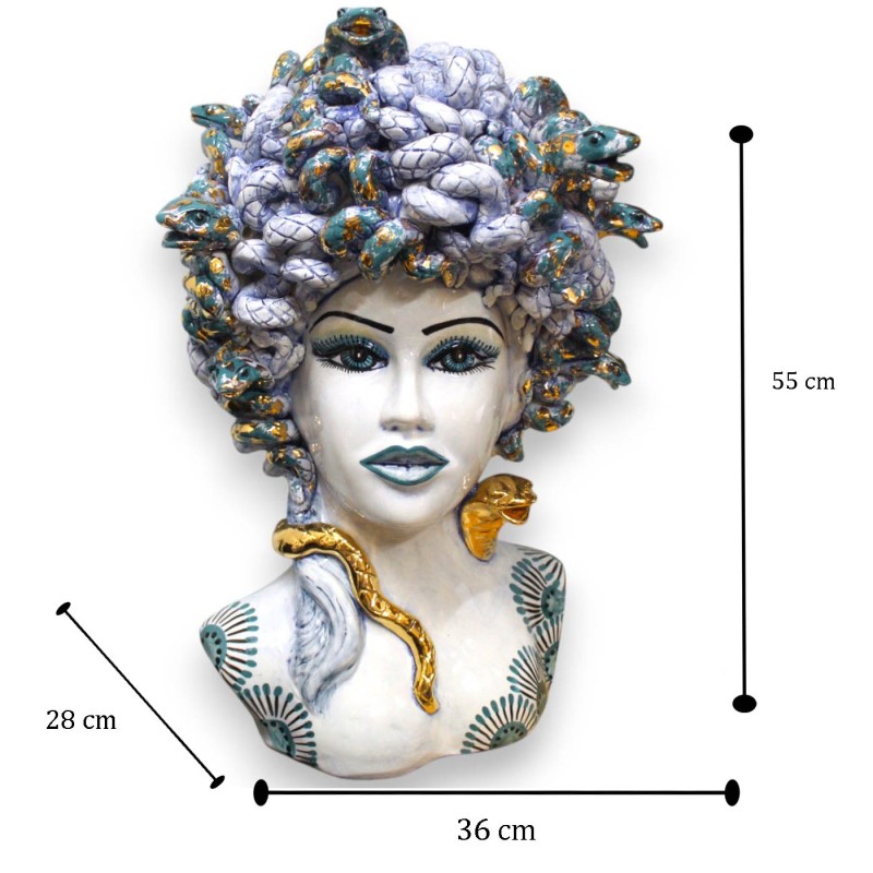 Medusas huvud, mytologisk figur, Caltagirone keramik höjd 55 cm ca. Antikblå, 24k rent guld emaljdetaljer - 