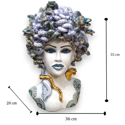 Medusas huvud, mytologisk figur, Caltagirone keramik höjd 55 cm ca. Antikblå, 24k rent guld emaljdetaljer - 