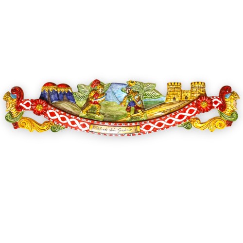 Siciliaanse kar-sleutel, fijn Siciliaans keramiek - L 75 x 18 cm ca. Scène "Orlando daagt Gradasso uit" reliëfdecoraties