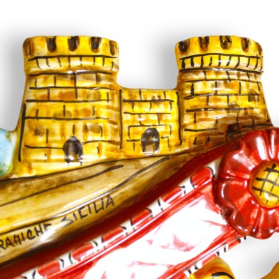 Chave de carrinho siciliana, cerâmica siciliana fina - C 75 x 18 cm aprox. Cena "Orlando desafia Gradasso" decorações em