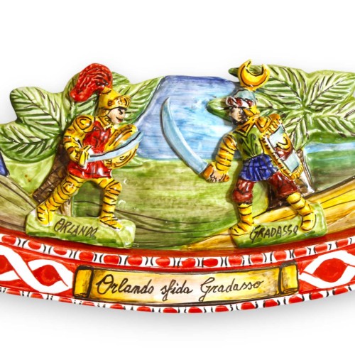 Klucz do wózka sycylijskiego, szlachetna sycylijska ceramika - dł. 75 x 18 cm ok. Scena „Orlando rzuca wyzwanie Gradasso 2