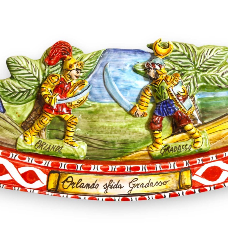 Chave de carrinho siciliana, cerâmica siciliana fina - C 75 x 18 cm aprox. Cena "Orlando desafia Gradasso" decorações em