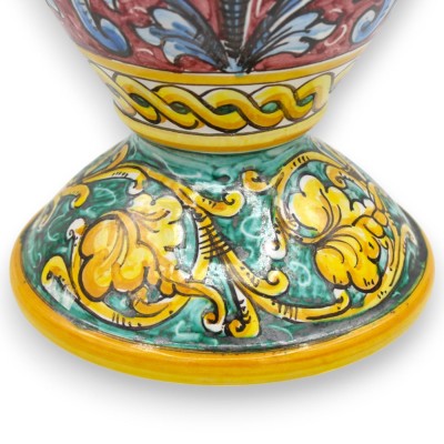 Vase à anses à col haut, céramique fine sicilienne, h 45 x 22 cm environ. Décoration baroque, fond bordeaux et vert - 