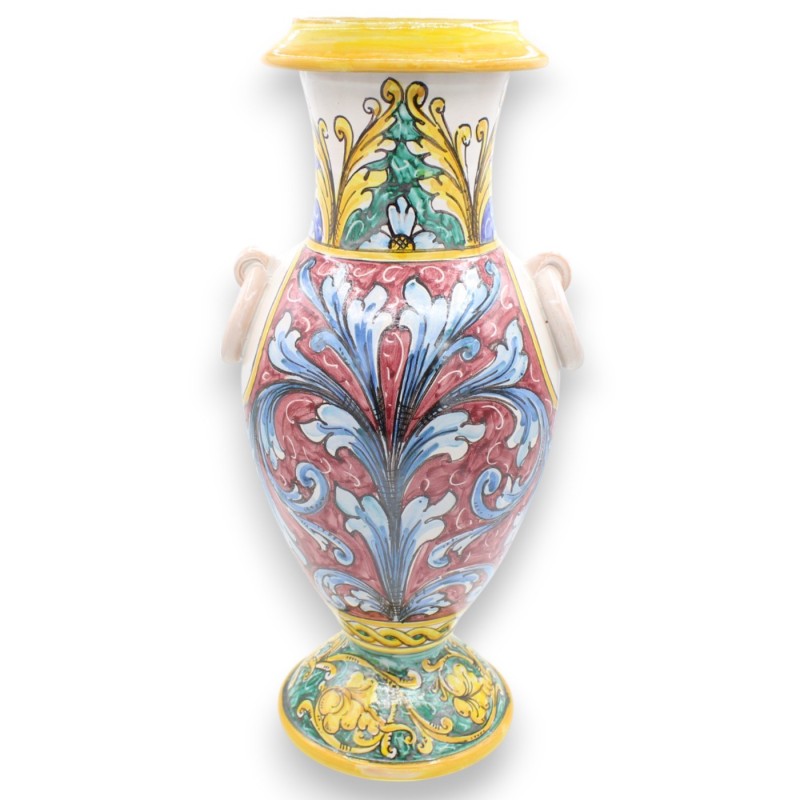 Vase à anses à col haut, céramique fine sicilienne, h 45 x 22 cm environ. Décoration baroque, fond bordeaux et vert - 