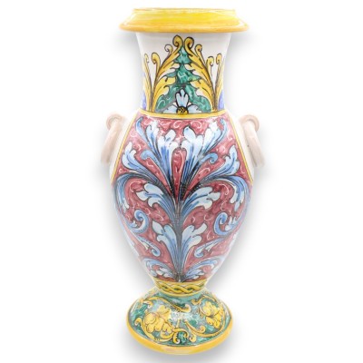 Vase à anses à col haut, céramique fine sicilienne, h 45 x 22 cm environ. Décoration baroque, fond bordeaux et vert - 