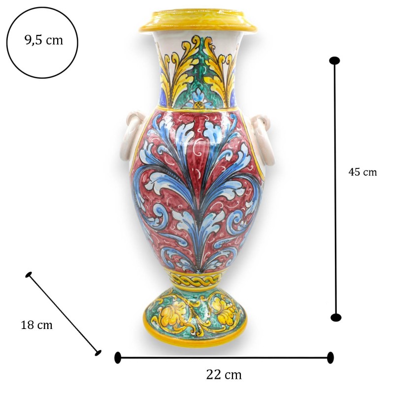 Vase à anses à col haut, céramique fine sicilienne, h 45 x 22 cm environ. Décoration baroque, fond bordeaux et vert - 