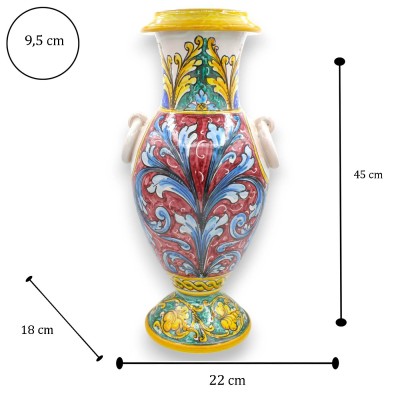 Vase à anses à col haut, céramique fine sicilienne, h 45 x 22 cm environ. Décoration baroque, fond bordeaux et vert - 