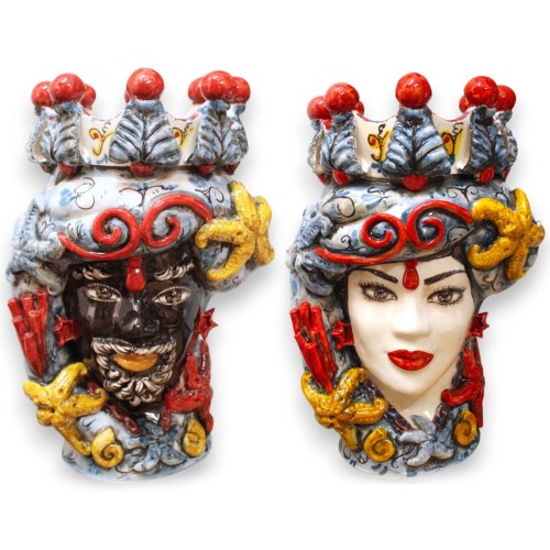 Cabezas de moro siciliano (par) h 46 x 28 cm aprox. Cerámica de Caltagirone, con aplicaciones Crown y Marine - 
