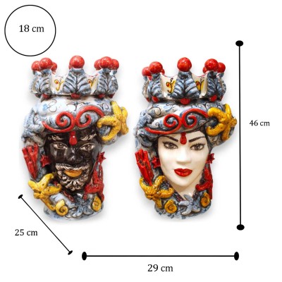 Cabeças de mouro siciliano (par) h 46 x 28 cm aprox. Cerâmica Caltagirone, com aplicações na Coroa e Marinha - 