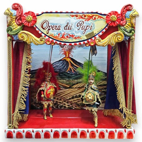 Teatro Siciliano "Opera dei Pupi" Paladinos Orlando e Rinaldo, h 50 x 48 cm aprox. Cerâmica Caltagirone e madeira nobre 