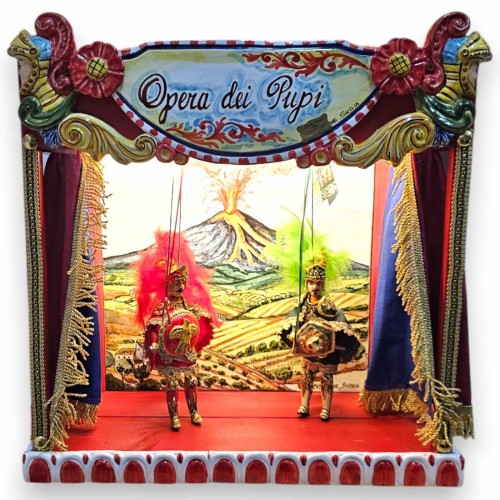 Teatro Siciliano "Opera dei Pupi" Paladinos Orlando e Rinaldo, h 50 x 48 cm aprox. Cerâmica Caltagirone e madeira nobre  2
