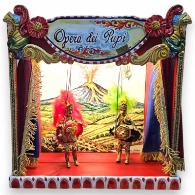 Sicilian Theater " Opera dei Pupi " Paladins Orlando and Rinaldo, h 50 x 48 cm approx. Caltagirone ceramic and fine wood