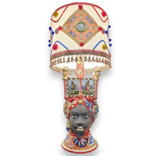 Lampe Tête de Maure, céramique de Caltagirone, h 90 x 45 cm environ. Chariot sicilien Crown Sponda -