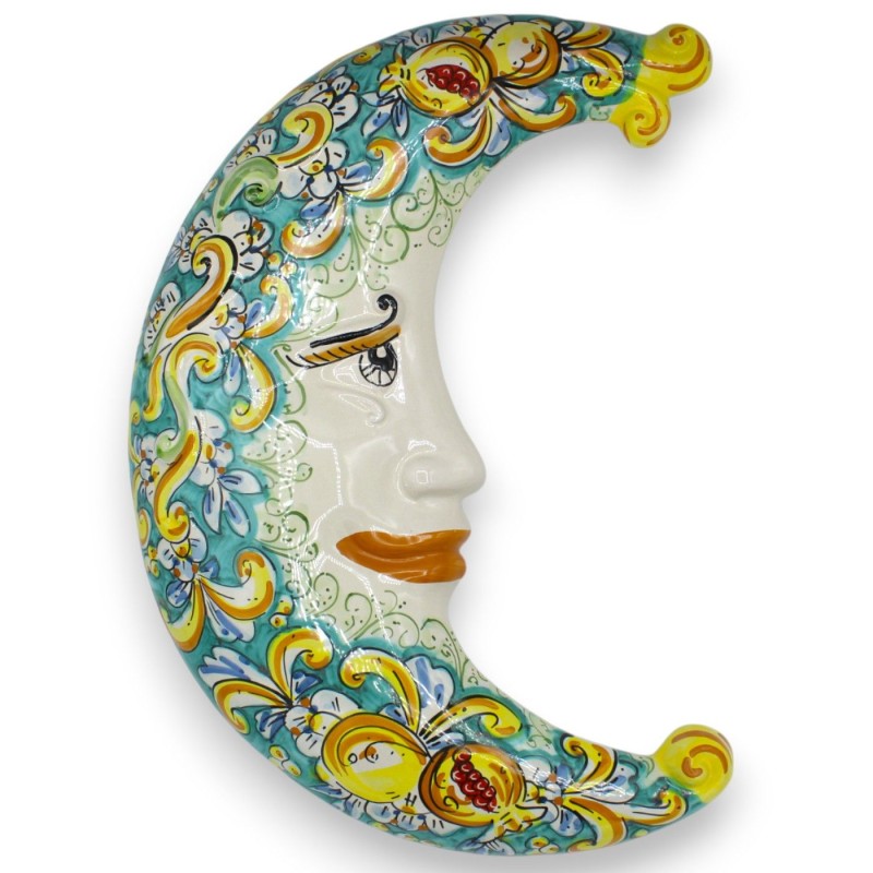 Lune en céramique de Caltagirone, vert-de-gris h 45 cm environ. décoration baroque, citrons et grenades - 