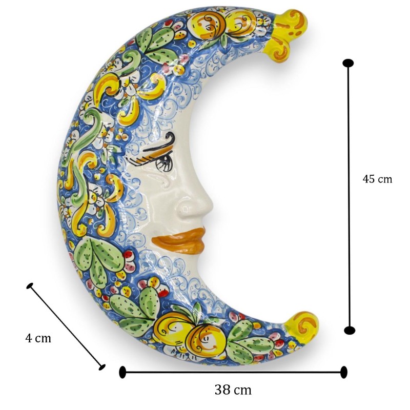 Luna de cerámica de Caltagirone, Azul h 45 cm aprox. Decoración barroca, limones y tunas - 