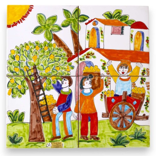 Panel h 40 x 40 cm approx. composed of 4 tiles h 20 x 20 cm approx. Sicilian ceramic, lemon harvest scene - 