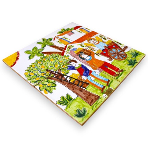 Panel h 40 x 40 cm approx. composed of 4 tiles h 20 x 20 cm approx. Sicilian ceramic, lemon harvest scene -  2