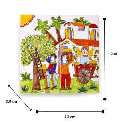 Paneel h ca. 40 x 40 cm bestaande uit 4 tegels ca. h 20 x 20 cm Siciliaans keramiek, scène van de citroenoogst - 