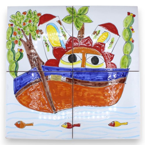 Panel h 40 x 40 cm approx. composed of 4 tiles h 20 x 20 cm approx. Sicilian ceramic, seascape scene - 