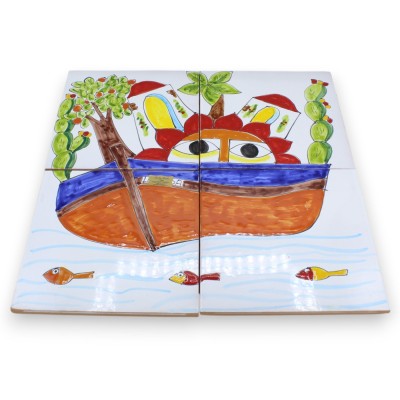 Paneel h ca. 40 x 40 cm bestaande uit 4 tegels ca. h 20 x 20 cm Siciliaans keramiek, zeegezicht - 