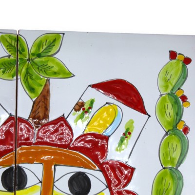 Paneel h ca. 40 x 40 cm bestaande uit 4 tegels ca. h 20 x 20 cm Siciliaans keramiek, zeegezicht - 