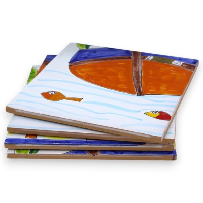 Paneel h ca. 40 x 40 cm bestaande uit 4 tegels ca. h 20 x 20 cm Siciliaans keramiek, zeegezicht - 