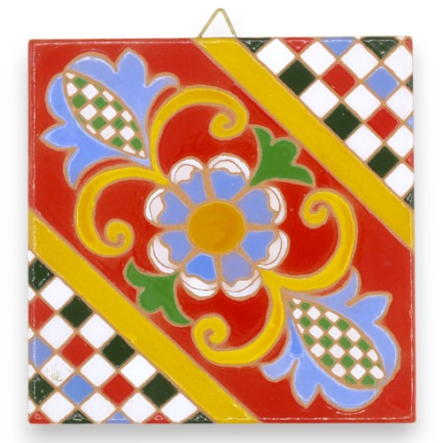 Sizilianische Majolika-Fliese – L ca. 15 x 15 x 0,7 cm. Sizilianische Karrendekoration, „Cuerda Seca“-Technik - 