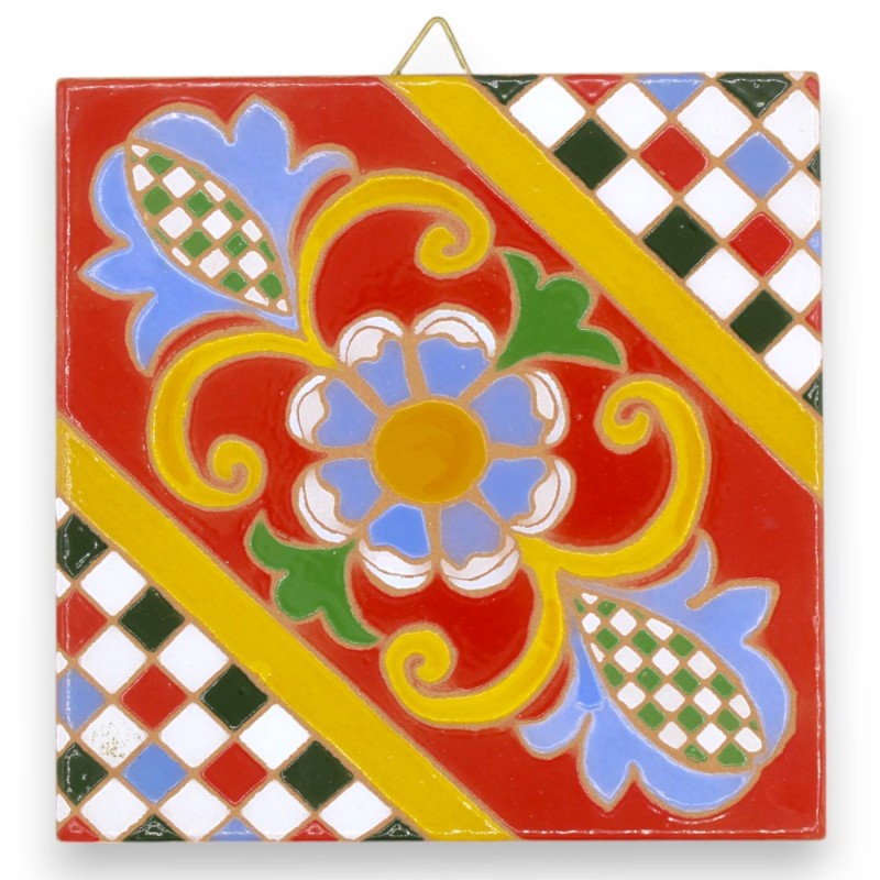 Mattonella Piastrella Maiolica Siciliana - L 15 x 15 x 0,7 cm ca. Decoro Carretto Siciliano, Tecnica " Cuerda Seca " - 