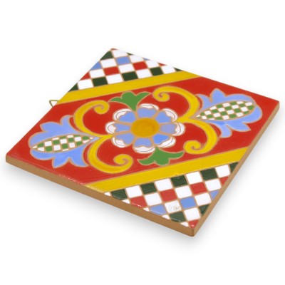 Siciliaanse Majolica tegel - L 15 x 15 x 0,7 cm ca. Siciliaanse kardecoratie, "Cuerda Seca"-techniek - 
