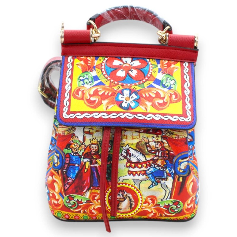 Ryggsäck i ekologiskt läder med handtag, h 32 x 23 cm ca. Dekoration "Teatro dei Pupi", röd bakgrund - 
