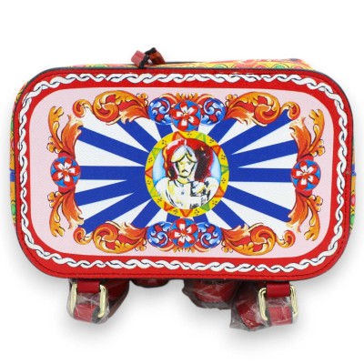 Ryggsäck i ekologiskt läder med handtag, h 32 x 23 cm ca. Dekoration "Teatro dei Pupi", röd bakgrund - 