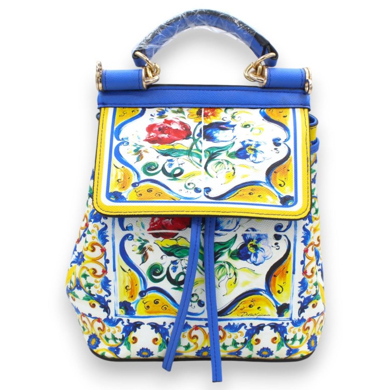 Sac à dos en éco-cuir avec poignée, h 32 x 23 cm environ. Décor en majolique sicilienne et bordure jaune, fond blanc - 